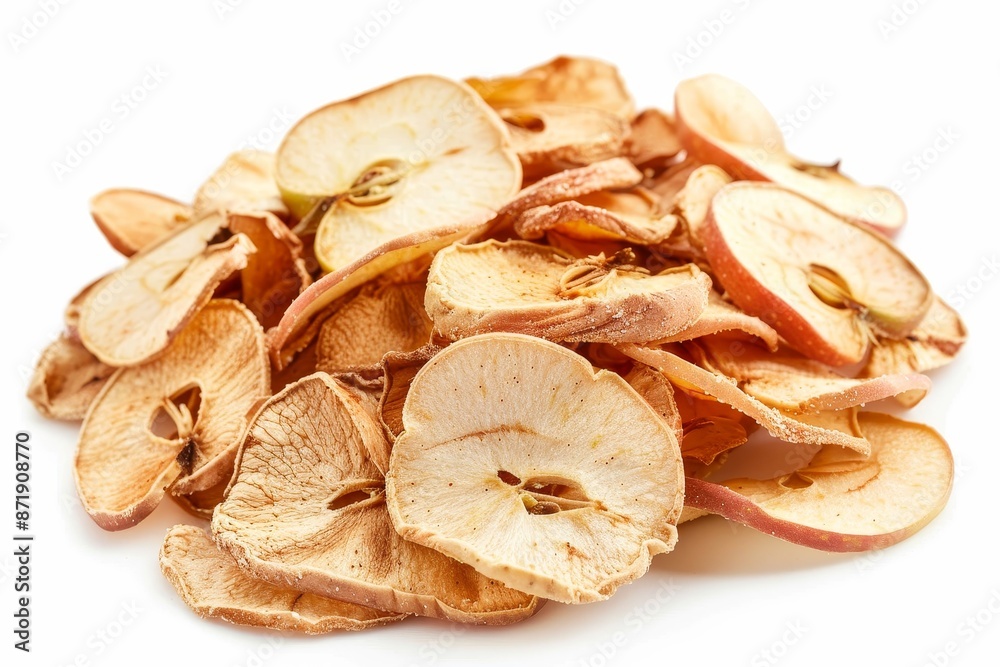 Heap of dehydrated apple slices on white surface Heap of dehydrated apple slices on white surface