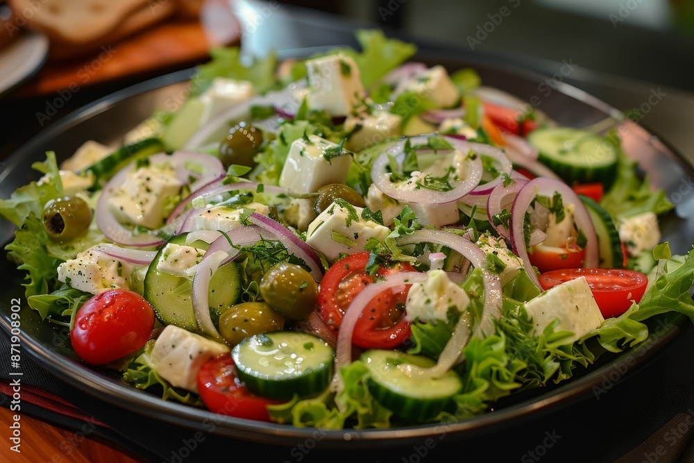 Herb cheese olive tomato onion cucumber and lettuce salad Herb cheese olive tomato onion cucumber and lettuce salad