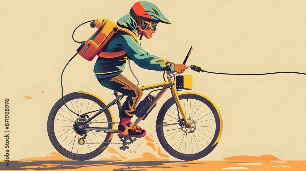 Fototapeta premium Energizing Playfulness - Cartoon Character Pedaling a Bicycle Generator to Charge a Phone