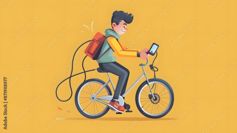 Green Energy Fun: Cartoon Character Pedaling Bicycle Generator to Charge Phone - Playful Human-Powered Energy Illustration Green Energy Fun: Cartoon Character Pedaling Bicycle Generator to Charge Phone - Playful Human-Powered Energy Illustration
