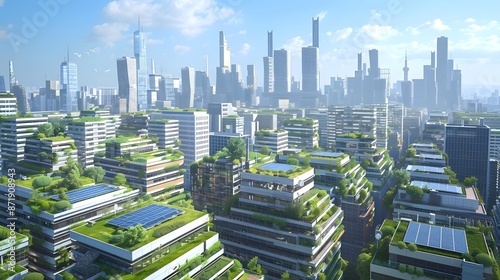 Futuristic Cityscape with Green Roofs and Solar Panels - Eco-friendly urban architecture with sustainable energy solutions #871908943