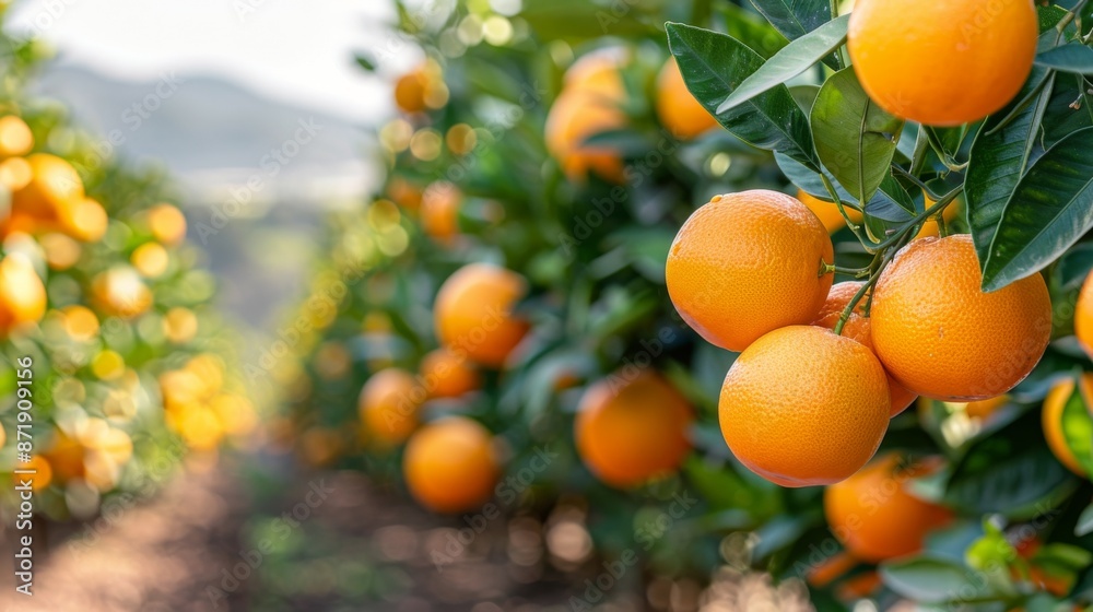 Orange plantation on sunny summer day. Landscape photo. Heathy fresh fruit. Vitamin. Orange grove harvest. Orange plantation on sunny summer day. Landscape photo. Heathy fresh fruit. Vitamin. Orange grove harvest.