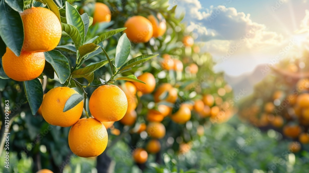 Orange plantation on sunny summer day. Landscape photo. Heathy fresh fruit. Vitamin. Orange grove harvest. Orange plantation on sunny summer day. Landscape photo. Heathy fresh fruit. Vitamin. Orange grove harvest.
