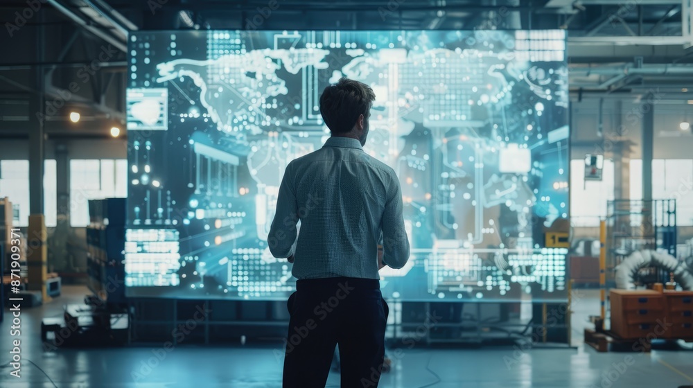 Engineer standing in front of a large digital display screen and using a digital tablet to manage global logistics with icons and data overlays representing technology and connectivity Engineer standing in front of a large digital display screen and using a digital tablet to manage global logistics with icons and data overlays representing technology and connectivity