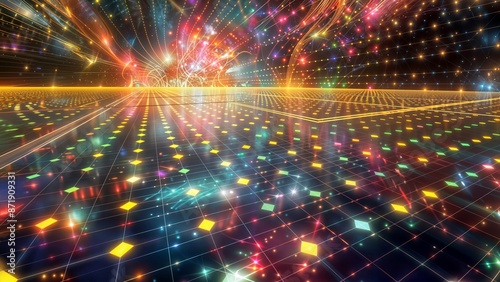 Wallpaper Mural Futuristic Digital Grid. Colorful abstract visualization of data network with glowing nodes and vibrant light streams on dark background. Torontodigital.ca