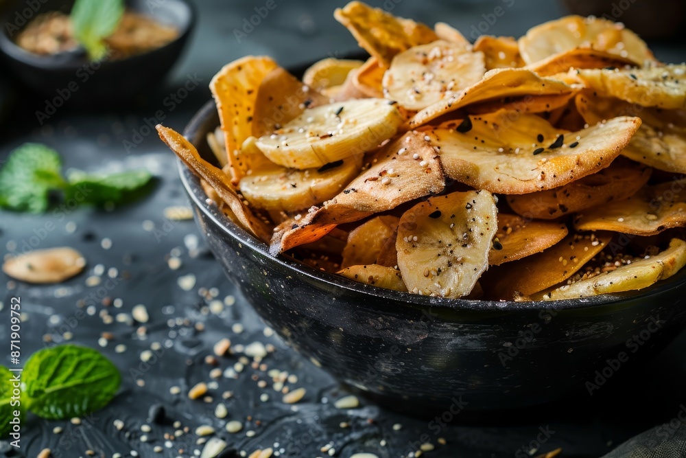 Homemade banana chips on a dark background selective focus Homemade banana chips on a dark background selective focus