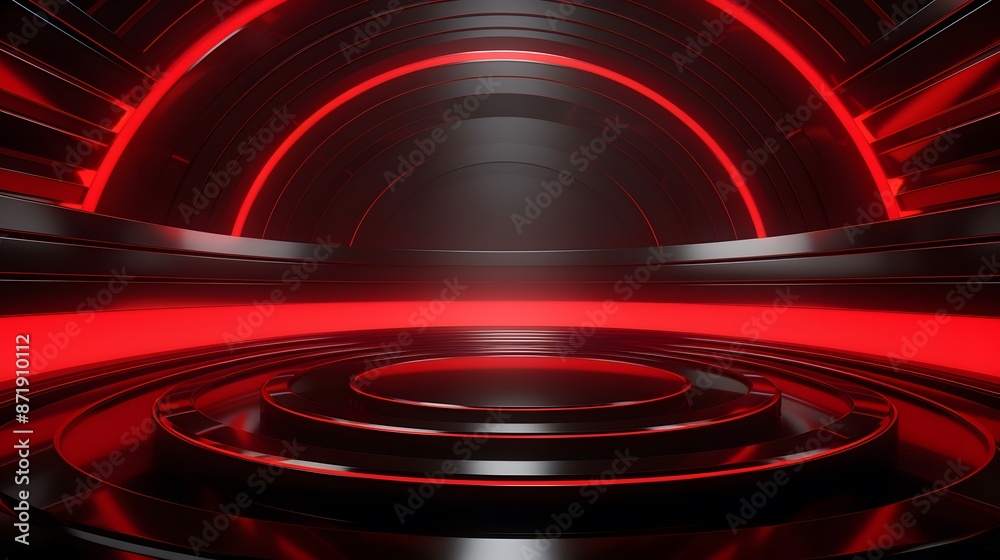 Obraz premium 3d rendering of red and black abstract geometric background. Scene for advertising, technology, showcase, banner, game, sport, cosmetic, business, metaverse. Sci-Fi Illustration. Product display