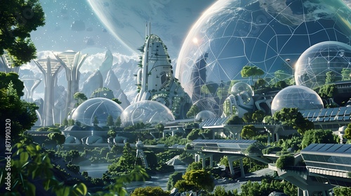 Fototapeta Naklejka Na Ścianę i Meble -  Futuristic Space Colony Powered by Advanced Solar Technology for Sustainable Living Beyond Earth
