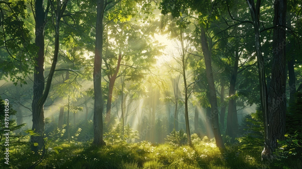 A serene forest scene with tall trees and sunlight filtering through the leaves. A serene forest scene with tall trees and sunlight filtering through the leaves.