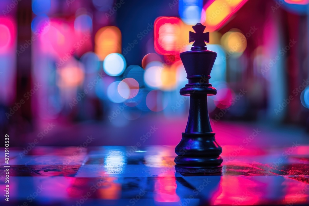 Abstract Chess Piece with Colorful Bokeh Background at Night Abstract Chess Piece with Colorful Bokeh Background at Night
