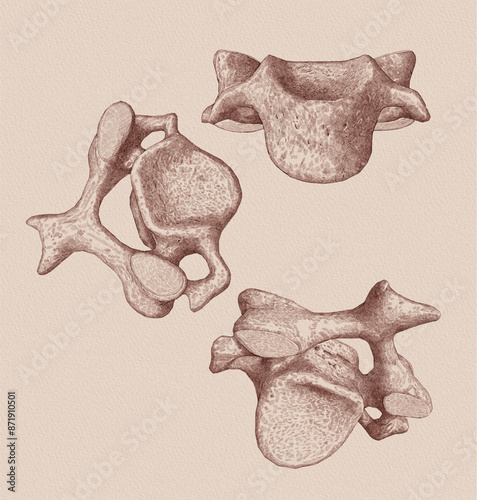 Isolated, vintage, medica lillustration of C3 cervical bone, diffirent view angle.