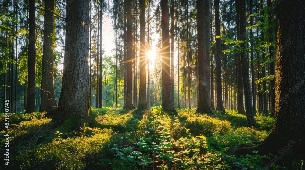 Fototapeta premium A serene forest scene with tall trees and sunlight filtering through the leaves.