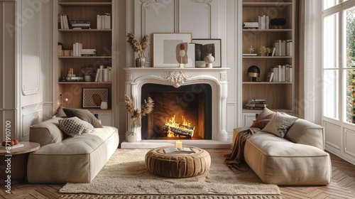 Elegant Living Room with Cozy Fireplace and Chic Decor