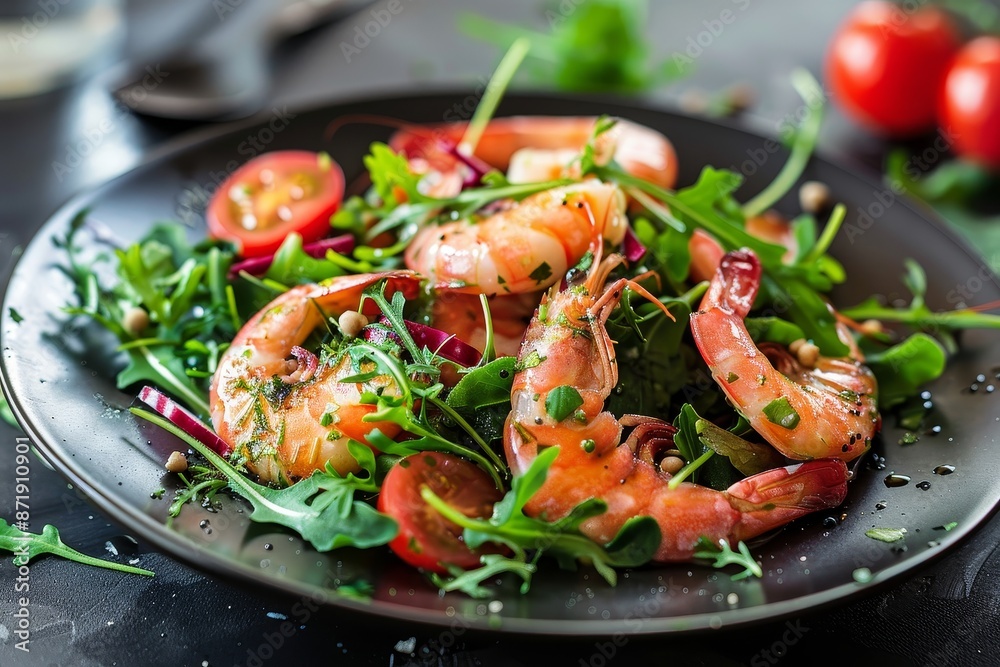 King prawn and arugula salad on black plate
