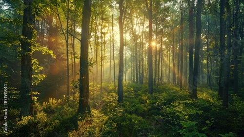 A serene forest scene with tall trees and sunlight filtering through the leaves.