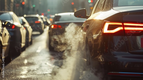 Traffic inching along a crowded highway during peak hours, causing a large smog cloud