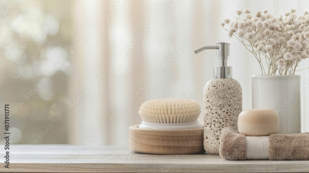 A white countertop with a soap dispenser, brush, bar of soap, and towel in a bathroom setting. A white countertop with a soap dispenser, brush, bar of soap, and towel in a bathroom setting.