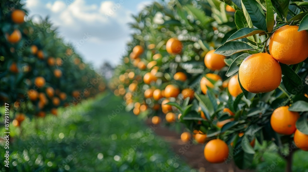 Orange plantation on sunny summer day. Landscape photo. Heathy fresh fruit. Vitamin. Orange grove harvest. Orange plantation on sunny summer day. Landscape photo. Heathy fresh fruit. Vitamin. Orange grove harvest.