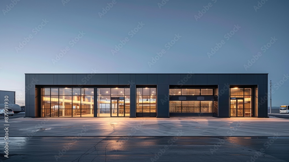A black modern warehouse with glass facade at blue hour, wide angle, exterior view, photo realistic, cinematic light, sony alpha camera A black modern warehouse with glass facade at blue hour, wide angle, exterior view, photo realistic, cinematic light, sony alpha camera