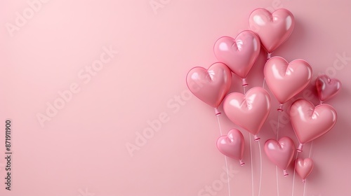 Romantic heart-shaped balloons floating against a soft pink background with ample copy space 