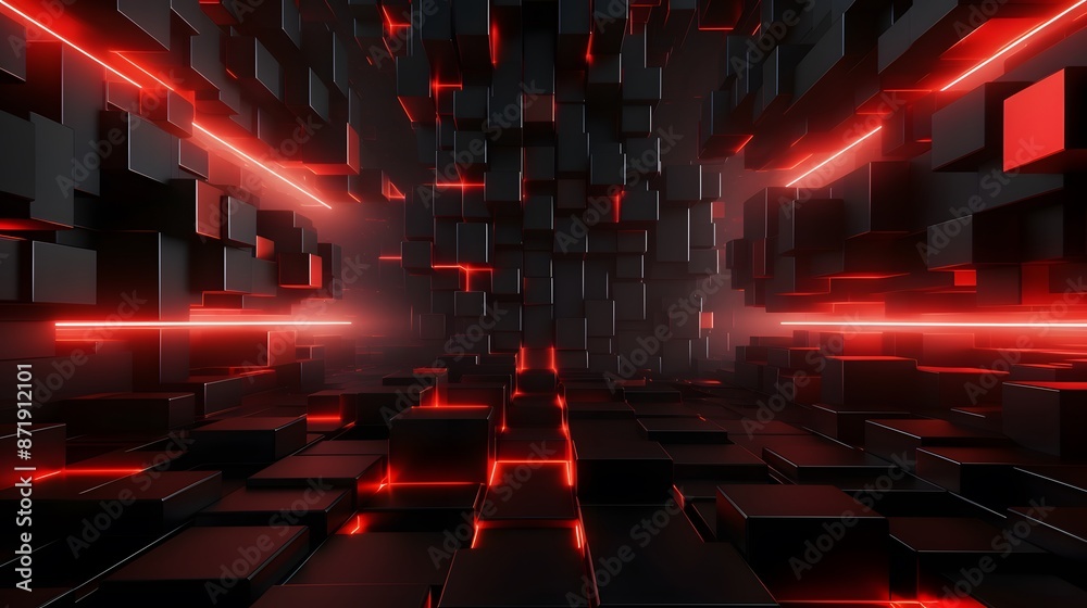 Obraz premium 3d rendering of red and black abstract geometric background. Scene for advertising, technology, showcase, banner, game, sport, cosmetic, business, metaverse. Sci-Fi Illustration. Product display