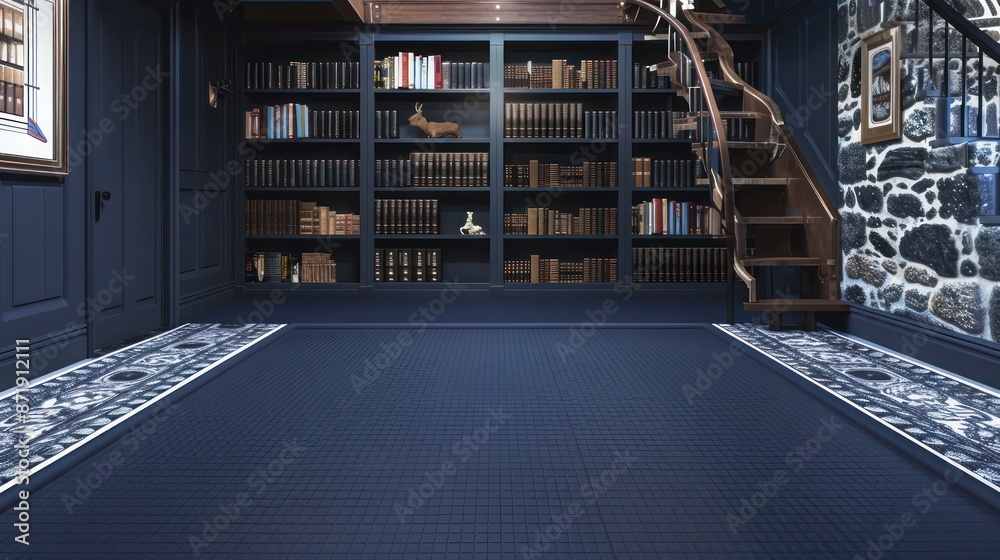 Obraz premium Classic navy rubber mats in a basement, providing a durable and stylish floor for a home office or library