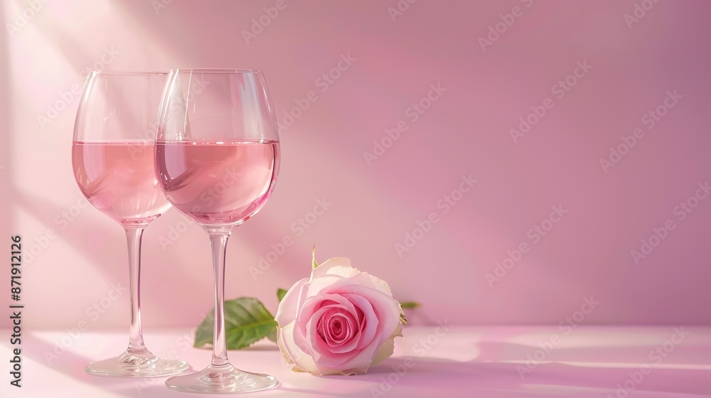 Two wine glasses with a rose in between set against a dreamy pink background Two wine glasses with a rose in between set against a dreamy pink background