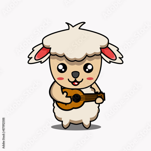 vector design illustration of a cute mascot sheep character playing guitar