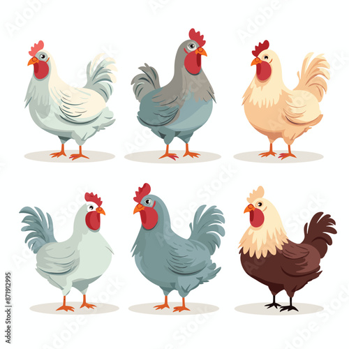 Set of poultry farm chicken birds. Hens cartoon style vector illustration