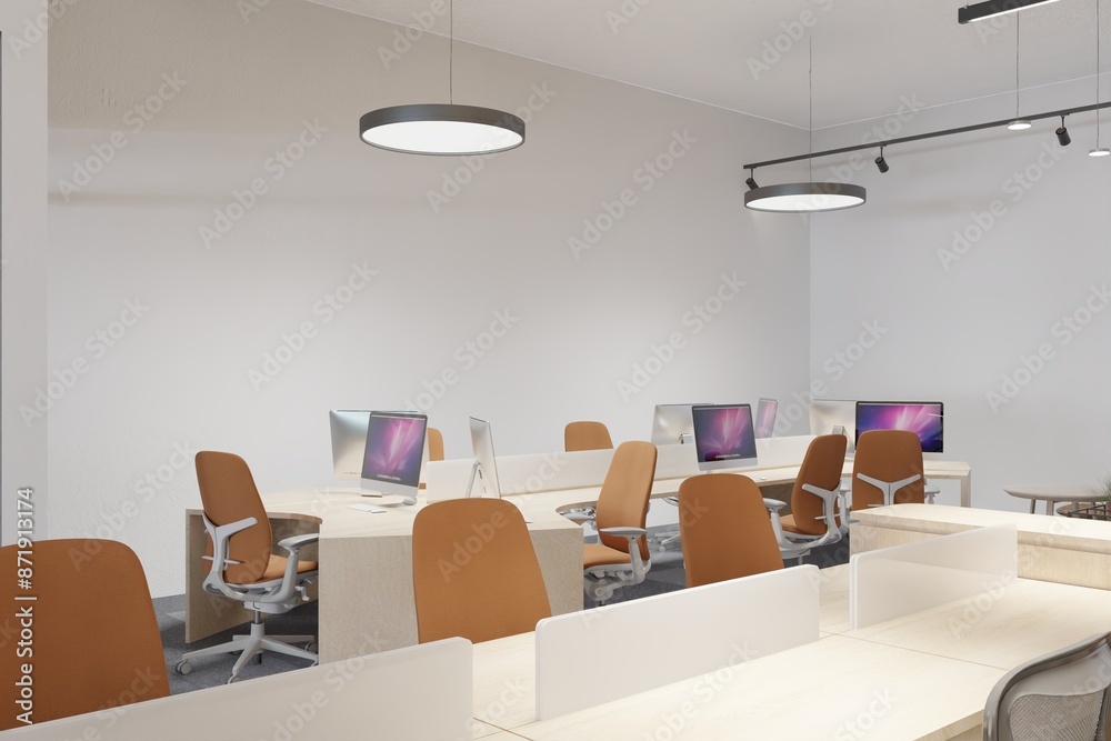 Modern office corner, white walls, computer desks Modern office corner, white walls, computer desks