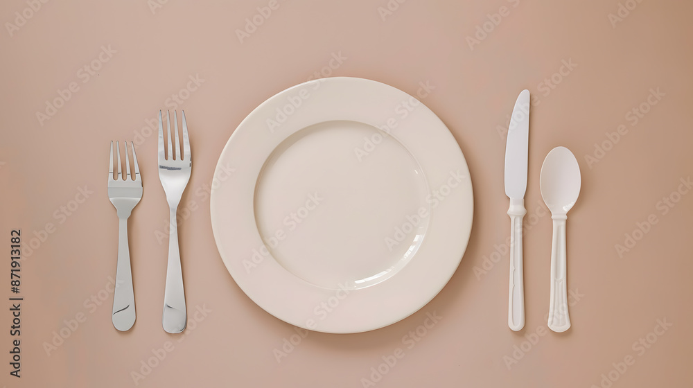 Cutlery, fork, knife, spoon and empty plate on a colored background. AI Generated Cutlery, fork, knife, spoon and empty plate on a colored background. AI Generated