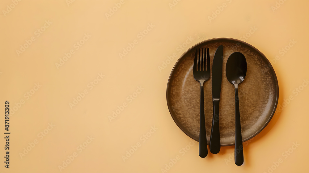 Cutlery, fork, knife, spoon and empty plate on a colored background. AI Generated Cutlery, fork, knife, spoon and empty plate on a colored background. AI Generated