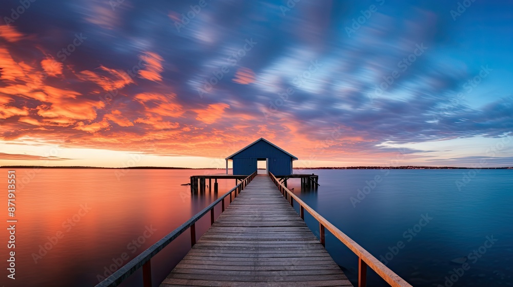 modern dock leads to the water's edge at sunset modern dock leads to the water's edge at sunset