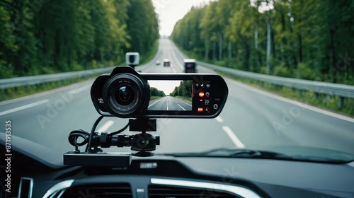 A Black Dashcam Mounted on a Car Windshield, Recording Footage on a Forest Road photo