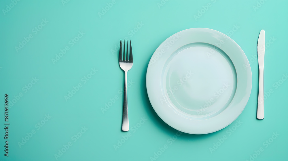 Cutlery, fork, knife, spoon and empty plate on a colored background. AI Generated Cutlery, fork, knife, spoon and empty plate on a colored background. AI Generated