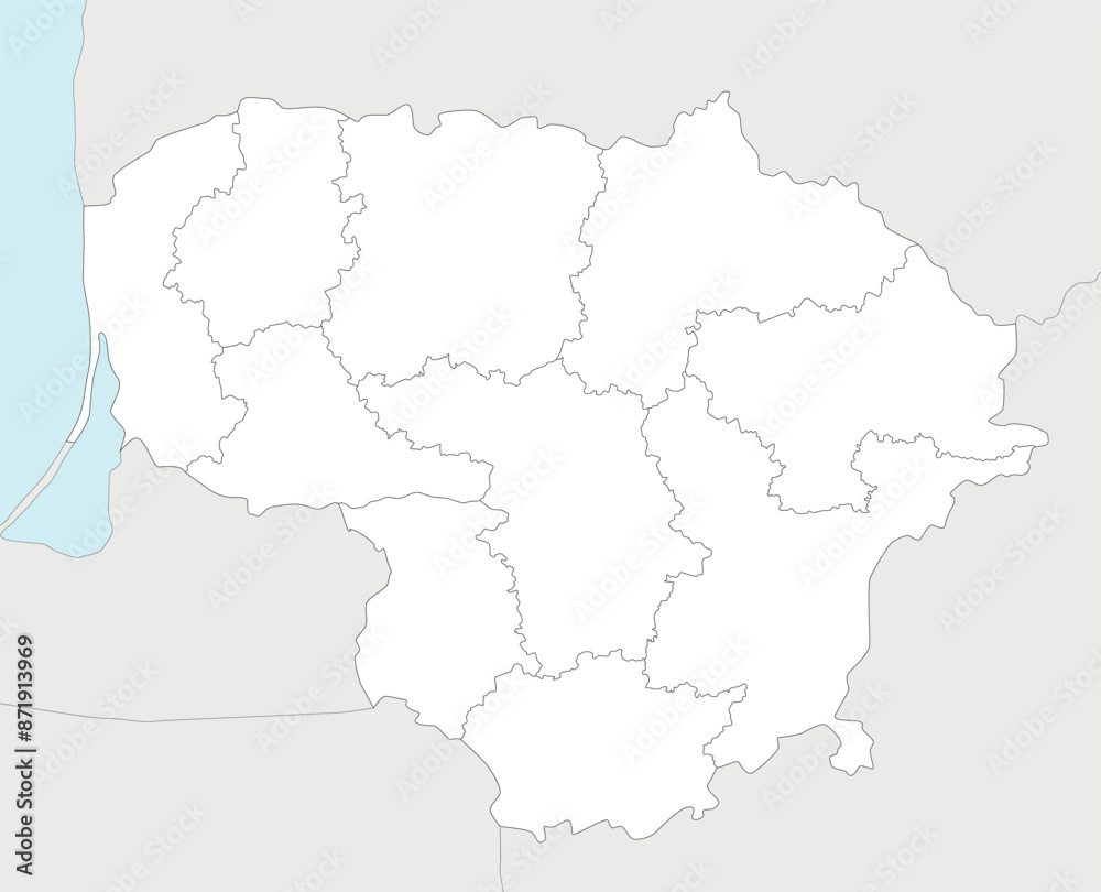 Vector regional blank map of Lithuania with counties and administrative divisions, and neighbouring countries and territories. Editable and clearly labeled layers. Vector regional blank map of Lithuania with counties and administrative divisions, and neighbouring countries and territories. Editable and clearly labeled layers.