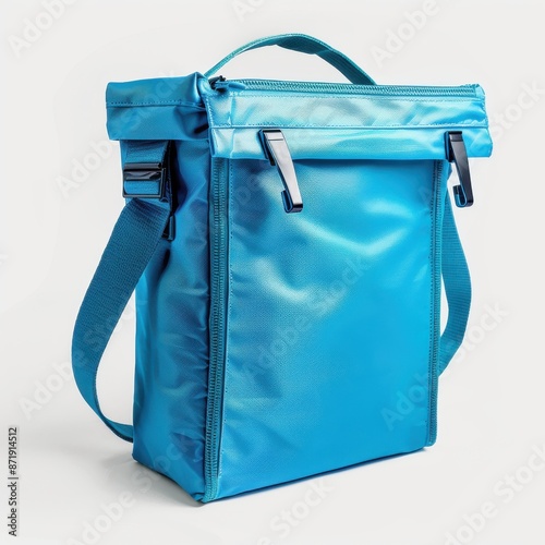 A sleek electric blue cooler bag with a shoulder strap and metal clasps, set against a white studio background photo