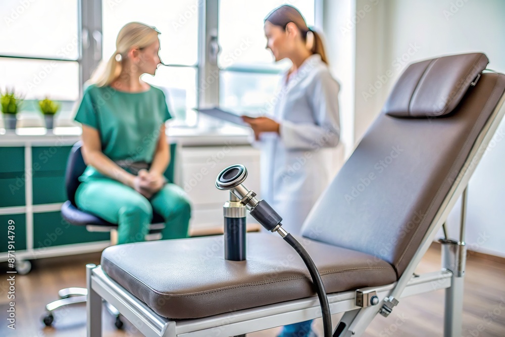 Medical otoscope or auriscope lies on a clinical table beside an empty chair, ready for a female patient's hearing examination at a doctor's office. Medical otoscope or auriscope lies on a clinical table beside an empty chair, ready for a female patient's hearing examination at a doctor's office.
