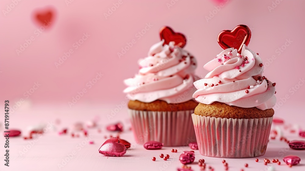 Valentine's Day cupcakes with heart toppers on a pastel-colored background Valentine's Day cupcakes with heart toppers on a pastel-colored background