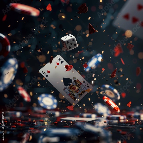 Ace of Spades Card, Dice, and Chips Falling Through the Air in a Casino