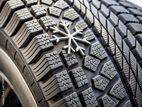 Close-up side view of a tire tread with M plus S and 3PMSF markings, indicating suitability for mud and snow, with a mountain snowflake symbol embossed.