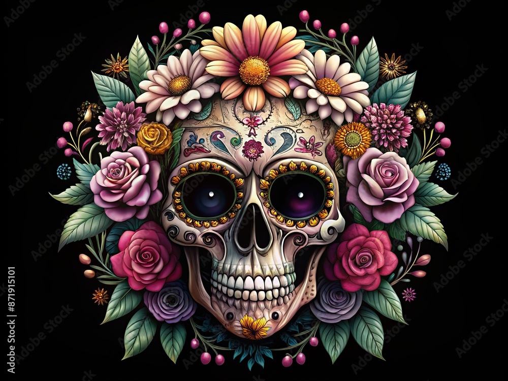 Whimsical skull icon with delicate flower eyes and intricate details, set against a stark black and white background, exuding mystique and subtle charm. Whimsical skull icon with delicate flower eyes and intricate details, set against a stark black and white background, exuding mystique and subtle charm.
