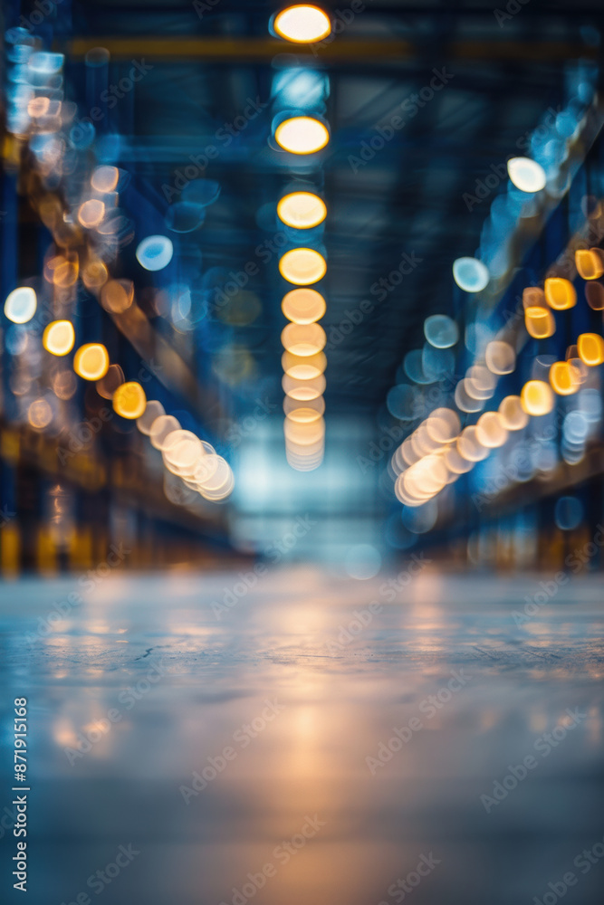 Blurred industrial warehouse aisle with overhead lights, captured with a shallow depth of field, creates a vibrant and dynamic perspective. Blurred industrial warehouse aisle with overhead lights, captured with a shallow depth of field, creates a vibrant and dynamic perspective.