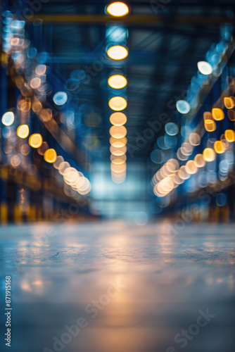 Blurred industrial warehouse aisle with overhead lights, captured with a shallow depth of field, creates a vibrant and dynamic perspective.