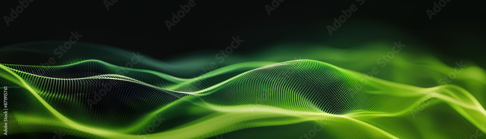 Obraz premium Abstract green and black wave lines digital background with dynamic flow and depth. Perfect for technology, design, and futuristic themes.