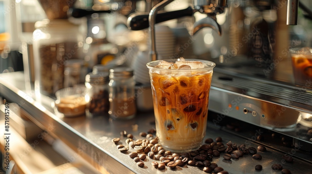 Barista espresso machine.. Shiny steel espresso, coffee machine preparing fresh coffee drink. Barista, bistro, outdoor. Barista espresso machine.. Shiny steel espresso, coffee machine preparing fresh coffee drink. Barista, bistro, outdoor.