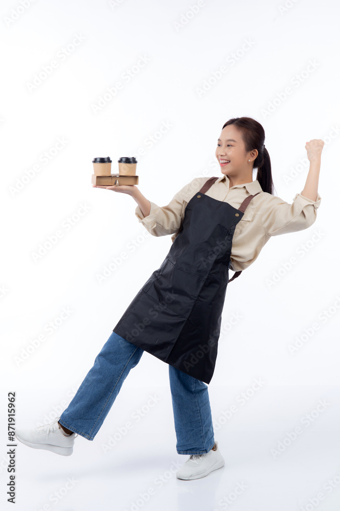 Portrait young asian woman barista holding a takeaway coffee cup with excited isolated white background, joyful happy barista presenting takeaway coffee with success, small business or startup. Portrait young asian woman barista holding a takeaway coffee cup with excited isolated white background, joyful happy barista presenting takeaway coffee with success, small business or startup.
