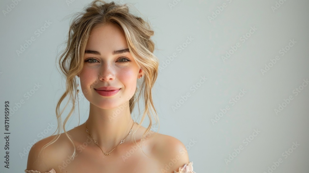 Radiant Young Woman with Delicate Smile and Curly Hairstyle Radiant Young Woman with Delicate Smile and Curly Hairstyle