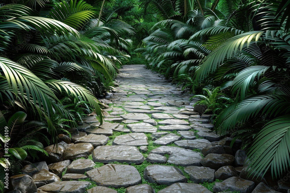 A serene stone pathway surrounded by lush green plants in a tropical jungle, leading to an unknown destination, embodying tranquility.