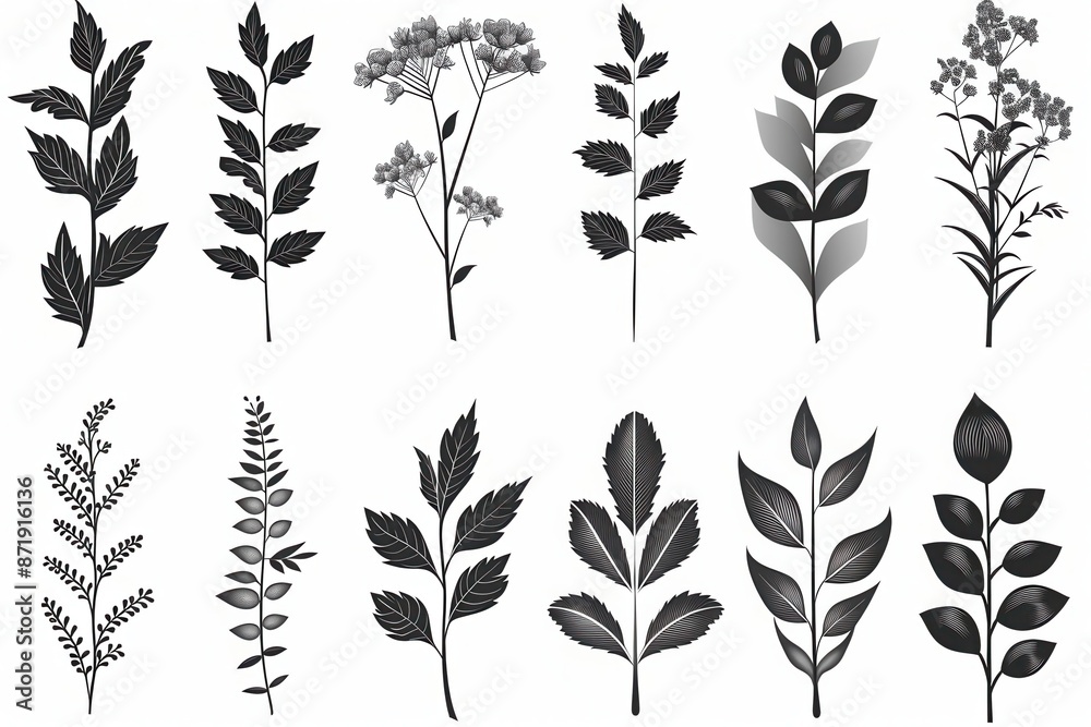 A variety of detailed botanical leaf and flower illustrations in black and white, perfect for design and decoration projects. A variety of detailed botanical leaf and flower illustrations in black and white, perfect for design and decoration projects.